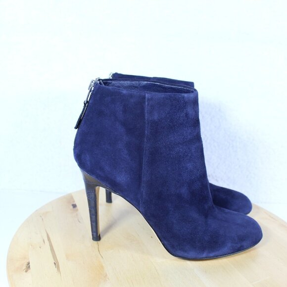 Sam Edelman Suede Ankle Boots 9 Blue Y2K Chic Zip Croc Pointed Toe Stiletto Heel - Picture 1 of 13
